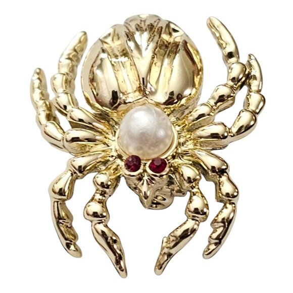 Gold Tone Vintage Faux  Pearl Spider Brooch, Red Rhinestone Pin L876 - Picture 2 of 8